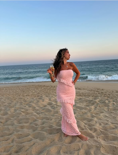 Elegant Pink Mermaid Strapless Lace Ruffle Length Ankle Ball Gown Evening Dress TP1939