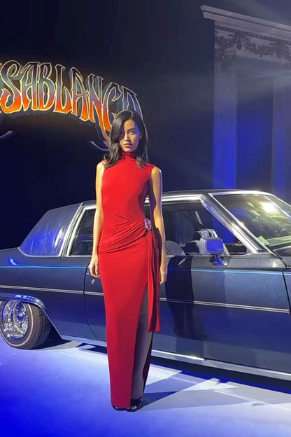 Soft Drape Red Turtleneck Sleeveless High Slit Floor Length Formal Prom Dress Evening Gown TP1940