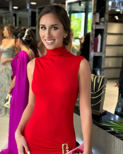 Soft Drape Red Turtleneck Sleeveless High Slit Floor Length Formal Prom Dress Evening Gown TP1940