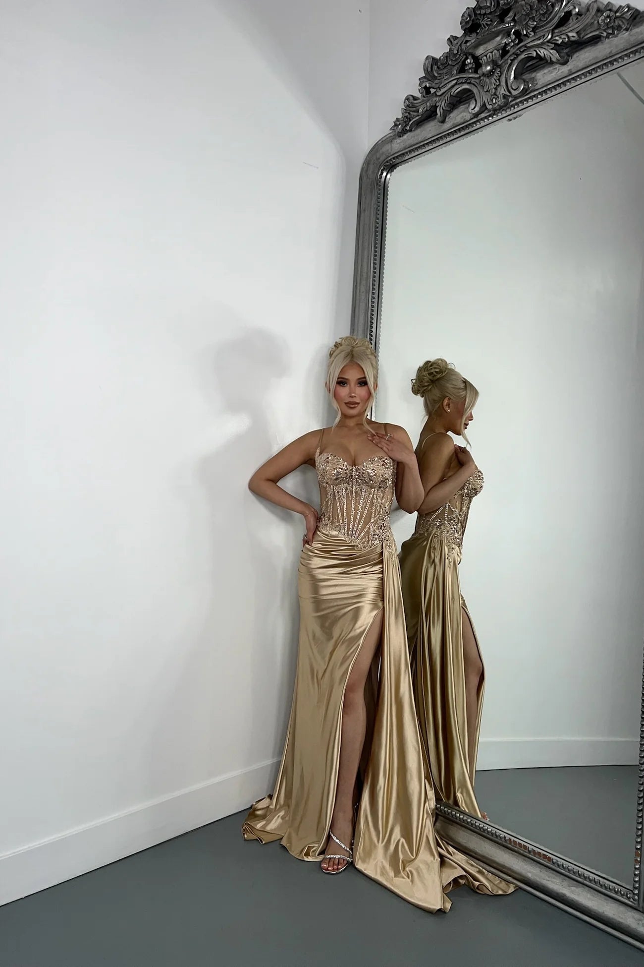 Elegant Gold Mermaid Spaghetti Straps Shiny Beaded High Slit Satin Formal Prom Dress Evening Gown TP1943