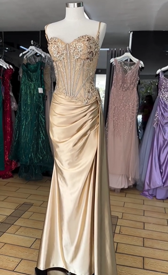 Elegant Gold Mermaid Spaghetti Straps Shiny Beaded High Slit Satin Formal Prom Dress Evening Gown TP1943