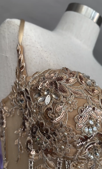 Elegant Gold Mermaid Spaghetti Straps Shiny Beaded High Slit Satin Formal Prom Dress Evening Gown TP1943