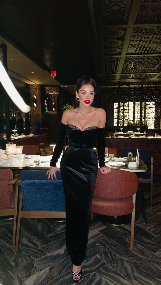 Elegant Black Mermaid Off Shoulder Long Sleeve Velvet Formal Prom Dress Evening Gown TP1946