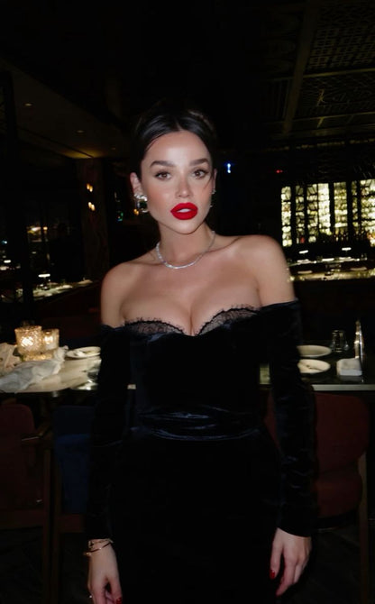 Elegant Black Mermaid Off Shoulder Long Sleeve Velvet Formal Prom Dress Evening Gown TP1946
