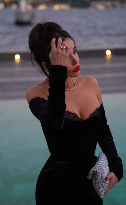 Elegant Black Mermaid Off Shoulder Long Sleeve Velvet Formal Prom Dress Evening Gown TP1946