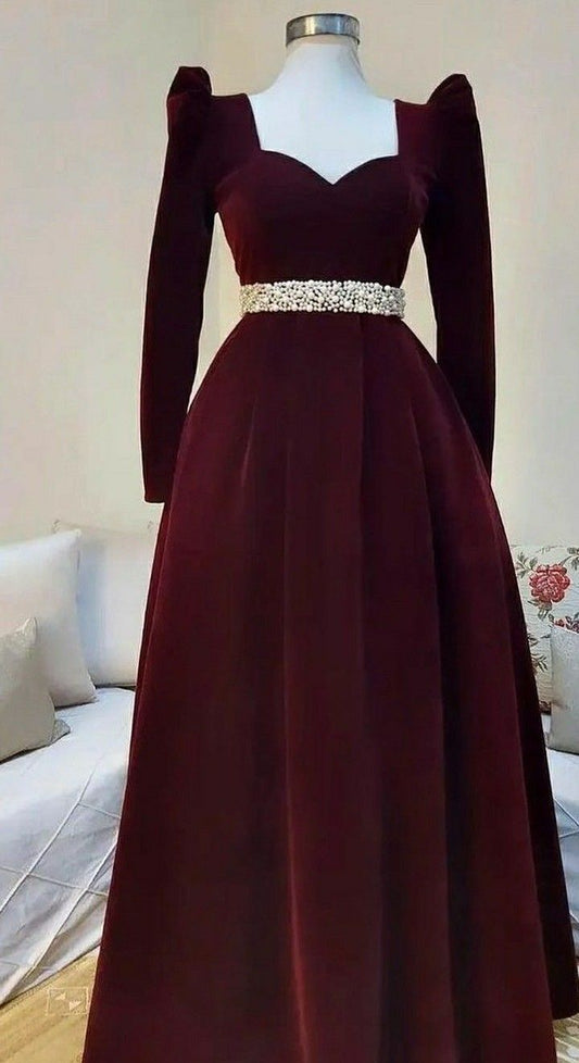 Burgundy A-Line Velvet Long Sleeve Pearl Floor Length Ball Gown Evening Gown TP1949