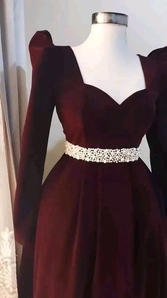Burgundy A-Line Velvet Long Sleeve Pearl Floor Length Ball Gown Evening Gown TP1949