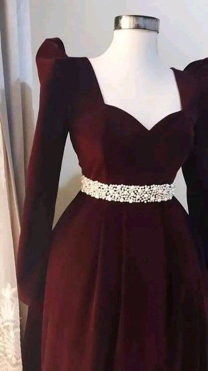 Burgundy A-Line Velvet Long Sleeve Pearl Floor Length Ball Gown Evening Gown TP1949