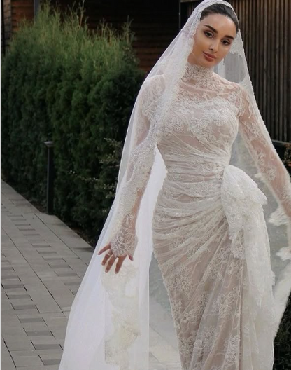 Gorgeous White Mermaid High Neck Long Sleeve Lace Train Wedding Dress TP1950