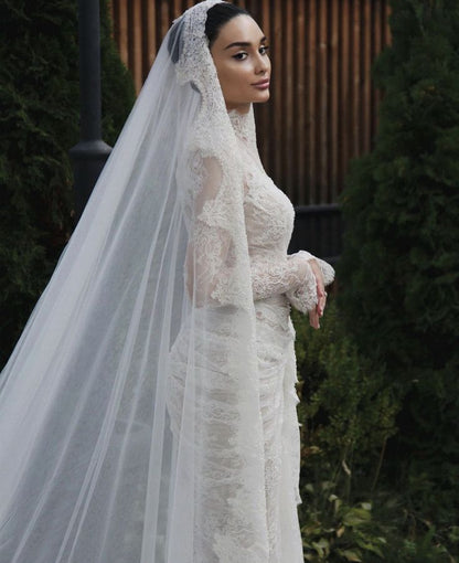 Gorgeous White Mermaid High Neck Long Sleeve Lace Train Wedding Dress TP1950