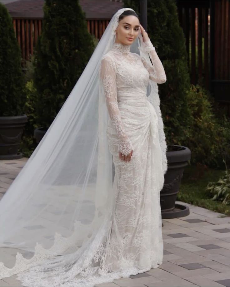 Gorgeous White Mermaid High Neck Long Sleeve Lace Train Wedding Dress TP1950