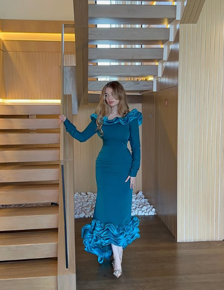 Elegant Blue Mermaid Long Sleeve Irregular Skirt Ball Gown Evening Dress TP1953