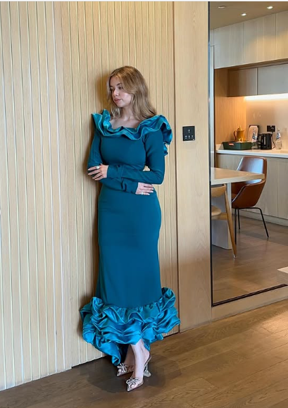 Elegant Blue Mermaid Long Sleeve Irregular Skirt Ball Gown Evening Dress TP1953