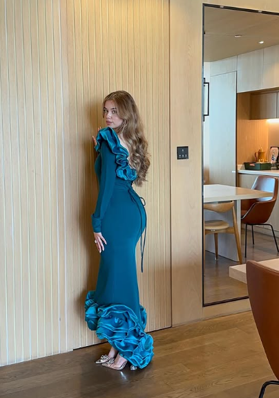 Elegant Blue Mermaid Long Sleeve Irregular Skirt Ball Gown Evening Dress TP1953