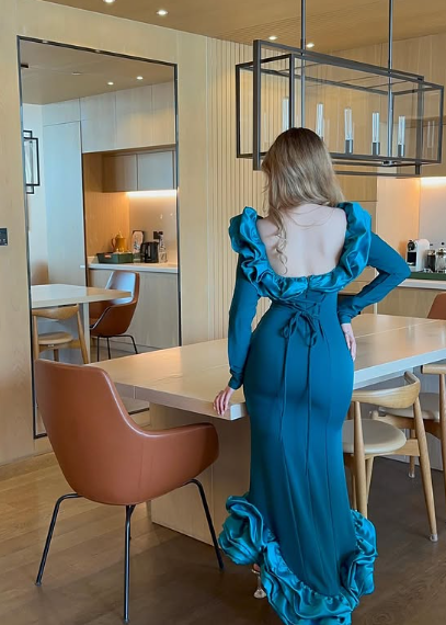 Elegant Blue Mermaid Long Sleeve Irregular Skirt Ball Gown Evening Dress TP1953