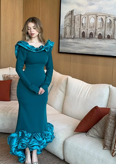 Elegant Blue Mermaid Long Sleeve Irregular Skirt Ball Gown Evening Dress TP1953