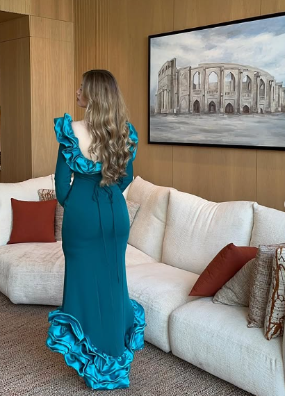 Elegant Blue Mermaid Long Sleeve Irregular Skirt Ball Gown Evening Dress TP1953
