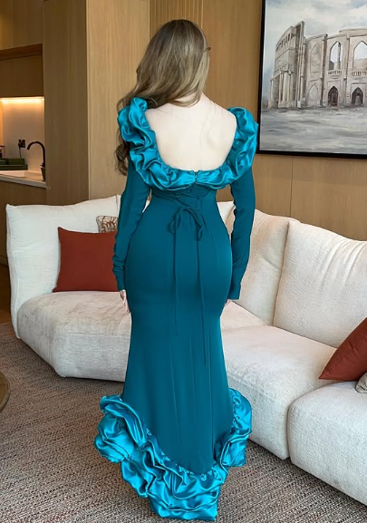 Elegant Blue Mermaid Long Sleeve Irregular Skirt Ball Gown Evening Dress TP1953