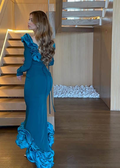 Elegant Blue Mermaid Long Sleeve Irregular Skirt Ball Gown Evening Dress TP1953