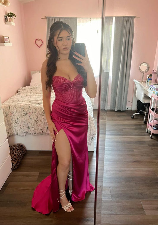 Pink Mermaid Strapless Necklace Satin High Slit Ball Gown Evening Dress TP1955