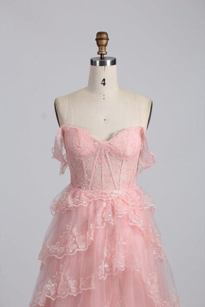 A-line pink off-the-shoulder sweetheart neckline tulle lace trim floor length formal prom dress evening gown TP1958