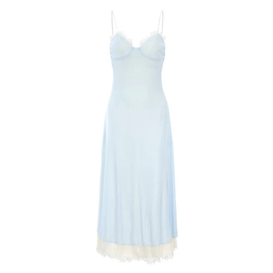 Elegant Blue Spaghetti Strap Lace Trim Ball Gown Evening Gown TP1959