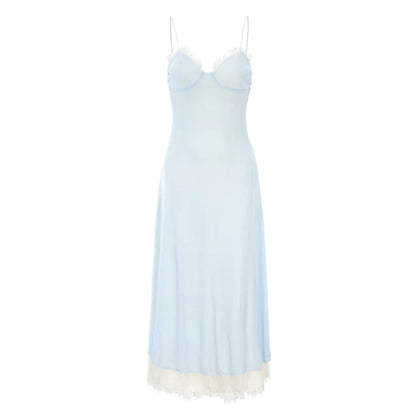 Elegant Blue Spaghetti Strap Lace Trim Ball Gown Evening Gown TP1959