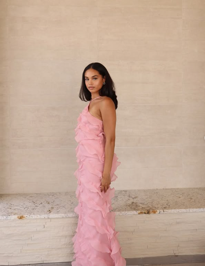 Soft Chiffon Halter Neck Off Shoulder Sleeveless Tiered Ruffle Length Ankle Ball Gown Evening Dress TP1960