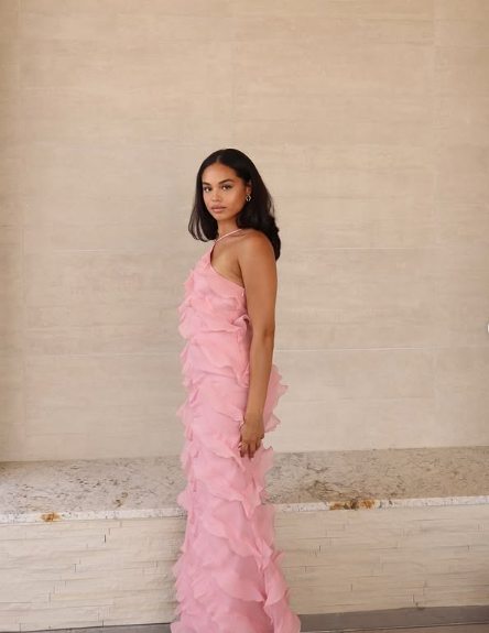 Soft Chiffon Halter Neck Off Shoulder Sleeveless Tiered Ruffle Length Ankle Ball Gown Evening Dress TP1960