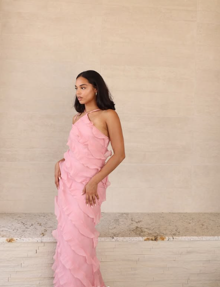 Soft Chiffon Halter Neck Off Shoulder Sleeveless Tiered Ruffle Length Ankle Ball Gown Evening Dress TP1960