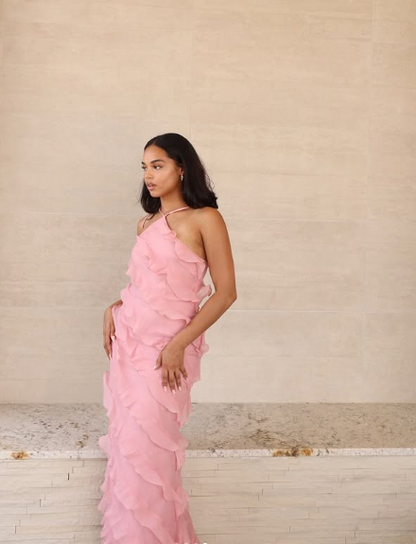 Soft Chiffon Halter Neck Off Shoulder Sleeveless Tiered Ruffle Length Ankle Ball Gown Evening Dress TP1960