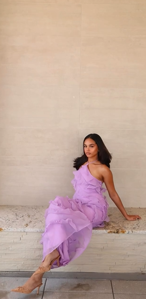 Soft Chiffon Halter Neck Off Shoulder Sleeveless Tiered Ruffle Length Ankle Ball Gown Evening Dress TP1960