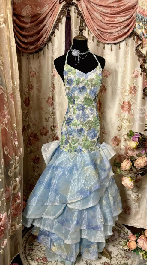Ink Painting Elegant Mermaid Halter Neck Tulle Floor Length Ball Gown Evening Dress TP1965