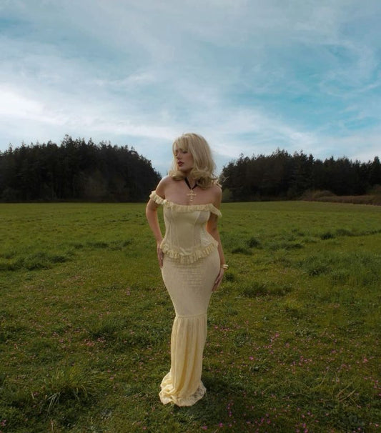 Chic Light Yellow Two-Piece Mermaid Lace Floor-Mounting Ball Gown Evening Dress TP1966