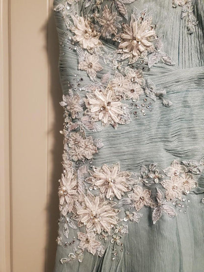 Vintage Green A-line Strap Lace Beaded Tulle Train Ball Gown Evening Dress TP1970
