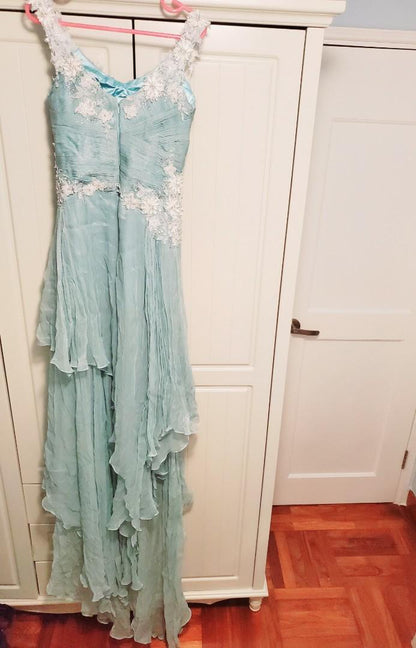 Vintage Green A-line Strap Lace Beaded Tulle Train Ball Gown Evening Dress TP1970
