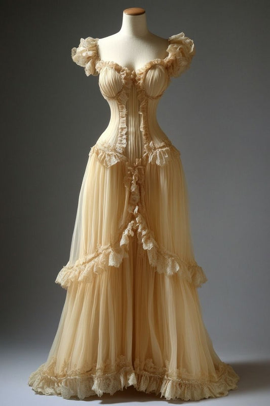 Vintage Champagne A-line Sleeveless Sweetheart Neck Lace Tulle Wedding Dress TP1976