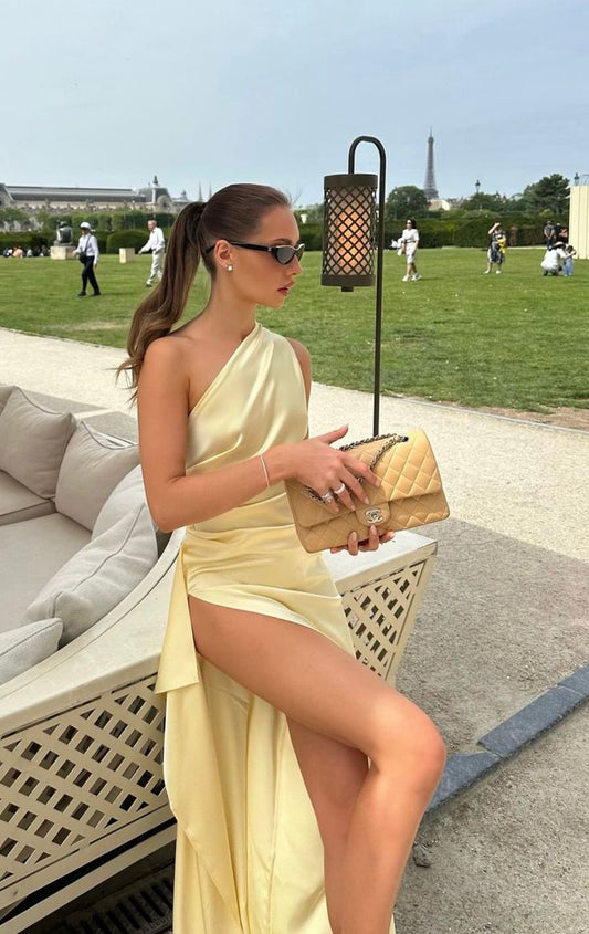 Light Yellow One Shoulder Backless Satin High Slit Ball Gown Evening Dress TP1981