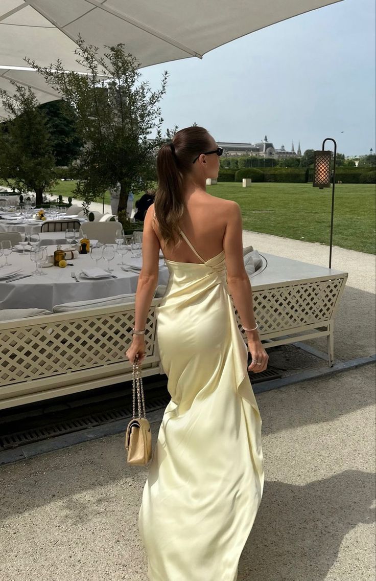 Light Yellow One Shoulder Backless Satin High Slit Ball Gown Evening Dress TP1981