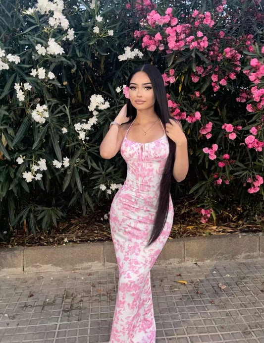 Pink Mermaid Halter Neck Off Shoulder Print Ball Gown Evening Dress TP1982