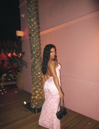 Sexy Pink Mermaid Spaghetti Strap V Neck Printed Ball Gown Evening Dress TP1983