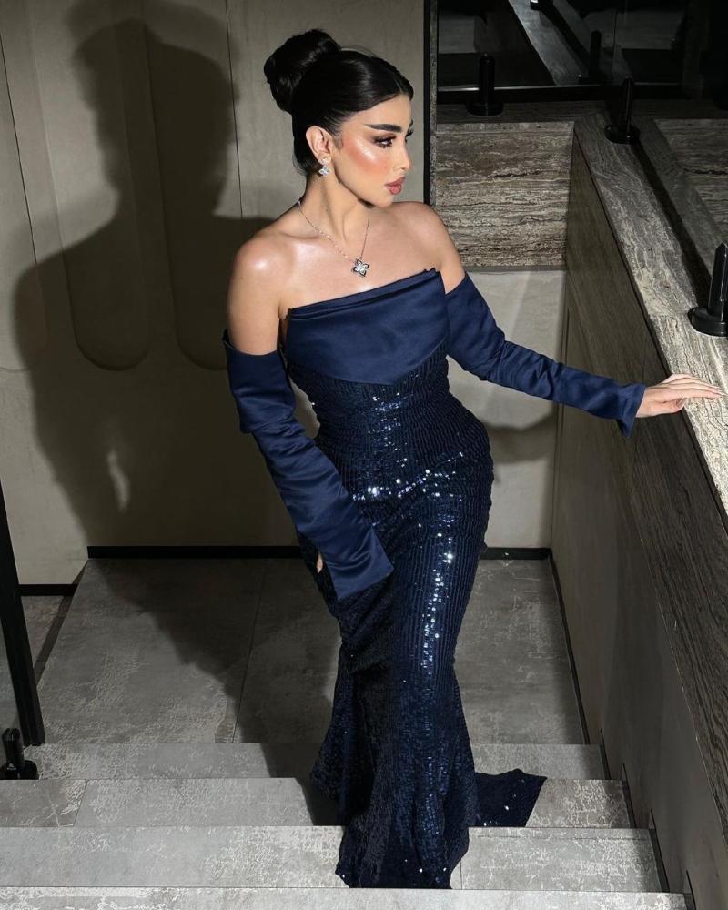 Navy Blue Mermaid Off Shoulder Strapless Sequin Floor Length Formal Prom Gown Evening Dress TP1985