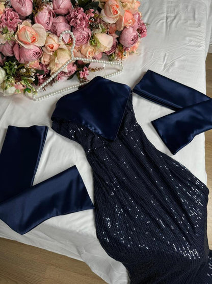 Navy Blue Mermaid Off Shoulder Strapless Sequin Floor Length Formal Prom Gown Evening Dress TP1985
