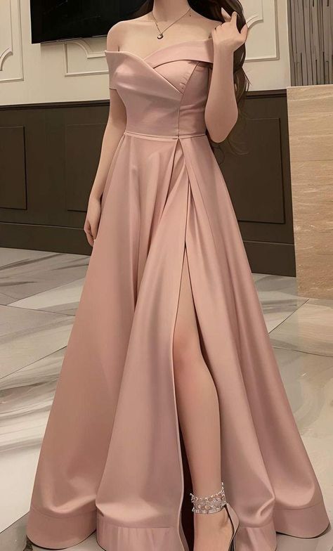 Pink Simple A-line Off-shoulder Satin High Slit Floor-length Ball Gown Evening Dress TP1988