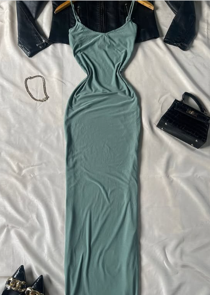 Simple Green Mermaid Spaghetti Strap Bodycon Ankle Length Ball Gown Evening Dress TP1990