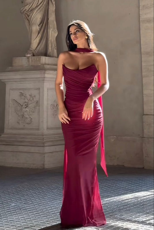 Chic Burgundy Off-the-shoulder Mermaid Floor-length Prom Dress Evening Dress TP1992