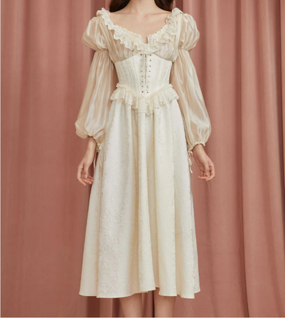 Vintage Ivory Puff Sleeve Lace Long Sleeve Dress TP1993