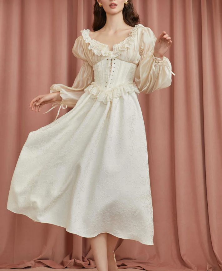 Vintage Ivory Puff Sleeve Lace Long Sleeve Dress TP1993