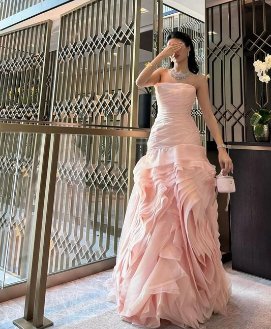 Sweet Pink A-line Strapless Tulle Layered Ruffled Formal Prom Gown Evening Dress TP1995