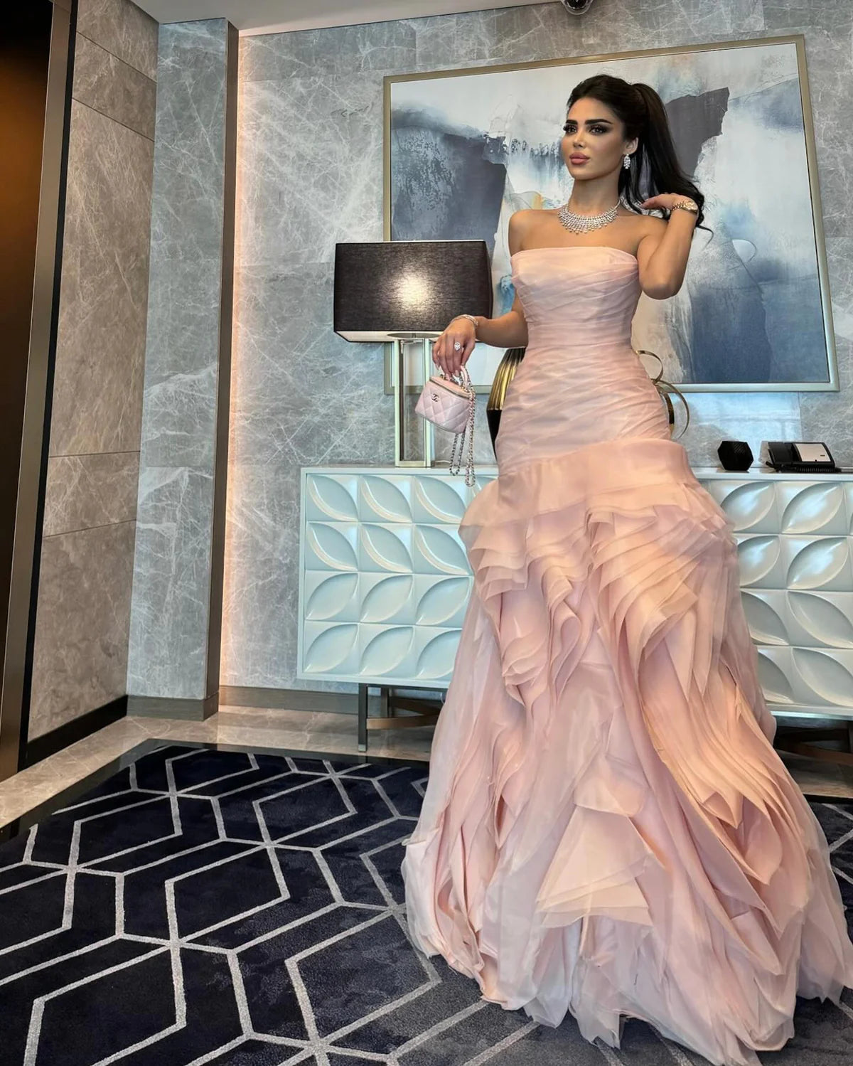 Sweet Pink A-line Strapless Tulle Layered Ruffled Formal Prom Gown Evening Dress TP1995